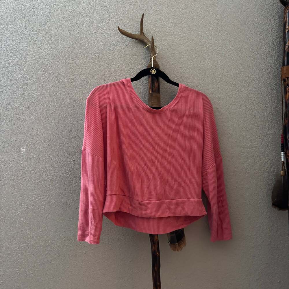 Auden Women's Pink Ribbed Long Sleeve Drop Shoulder/V-Neck/Scoop Neck Top